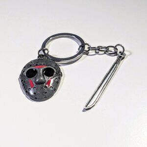 friday the 13th hockey mask keychain with machete - handpainted silver alloy